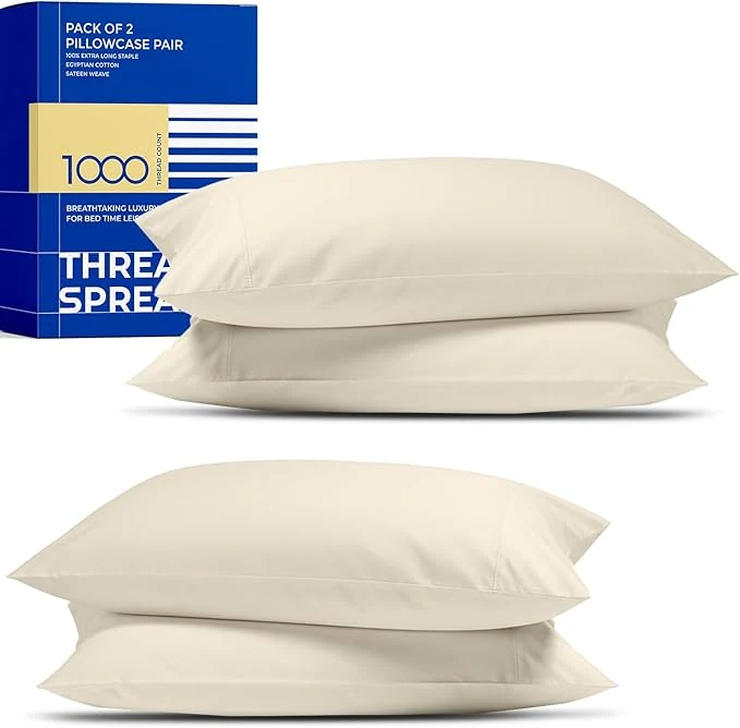 Crafted Thread Spread Egyptian Cotton King Size Pillow Cases Set of 4 - Luxury 1000 Series Paradise Collection Pillow Cases King Size Pack of 2 Ivory Soft Cooling Hotel Egyptian Cotton Pillowcases Smart
