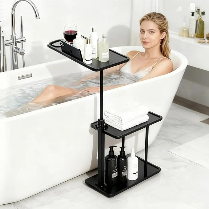 Pure 3 Layer Bathtub Tray Table Bamboo Swivel Bathtub Side Table Height Adjustable Environmentally Friendly