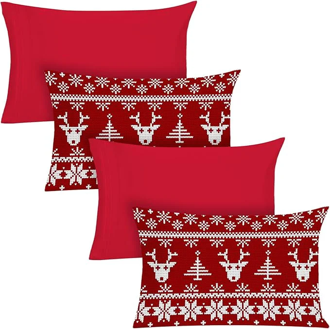 Dependable YIYEA Christmas Pillow Cases Standard Size Set of 4 Ultra Soft Double Brushed Microfiber Red Pillowcases and Christmas Reindeer Pillow Covers Envelope Closure Fade Resistant 20 quot x26 quot Environmentally Friendly