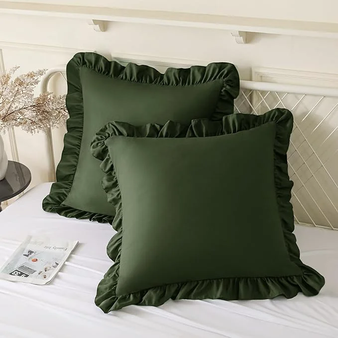 Unique KKJIAF Ruffle Pillow Cases 24x24 Inches Olive Green Square Ruffled Pillow Covers Set of 2 Microfiber Wrinkle Resistant Pillow Shams with Envelope Closure for Sofa Bed Living Room Responsible
