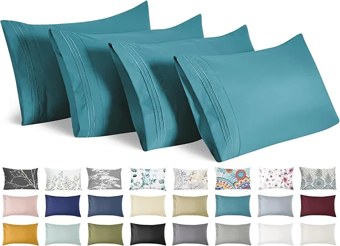 Reusable YIYEA King Pillow Cases Set of 4 Ultra Soft 1800TC Hotel Quality Double Brushed Microfiber Embroidered Pillowcases Envelope Closure Fade Resistant 20 quot x36 quot Teal Next-Generation