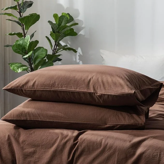World-Class MooMee Bedding Pillowcases Pack of 2 Washed Cotton Linen Like Textured Breathable Durable Soft Comfy Solid Cocoa Brown Standard User-Friendly