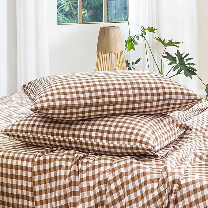 Easy-to-Use MooMee Bedding Pillowcases Gingham Pack of 2 Washed Cotton Linen Like Textured Breathable Durable Soft Comfy Classic Gingham Dark Orange Standard Healthy