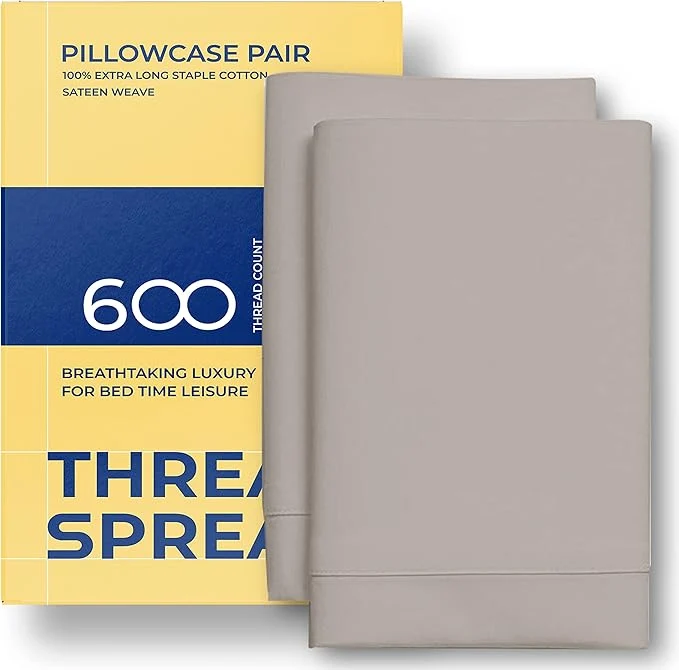Reliable Thread Spread Egyptian Cotton Pillow Cases Queen Size Set of 2 - Luxury 600 Series Bliss Collection Queen Pillow Cases Taupe Soft Cooling Hotel Cotton Pillowcases Sateen Finish Detailed