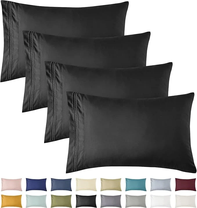 Sophisticated YIYEA Pillow Cases Standard Size Set of 4 Ultra Soft 1800TC Hotel Quality Double Brushed Microfiber Embroidered Pillowcases Envelope Closure Fade Resistant 20 quot x26 quot Black Elegant