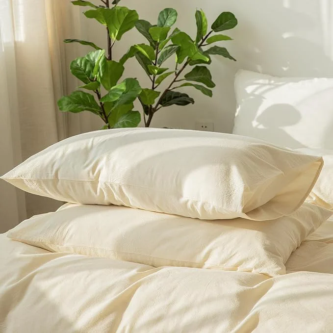 High-Grade MooMee Bedding Pillowcases Pack of 2 Washed Cotton Linen Like Textured Breathable Durable Soft Comfy Solid Cream White King Recyclable