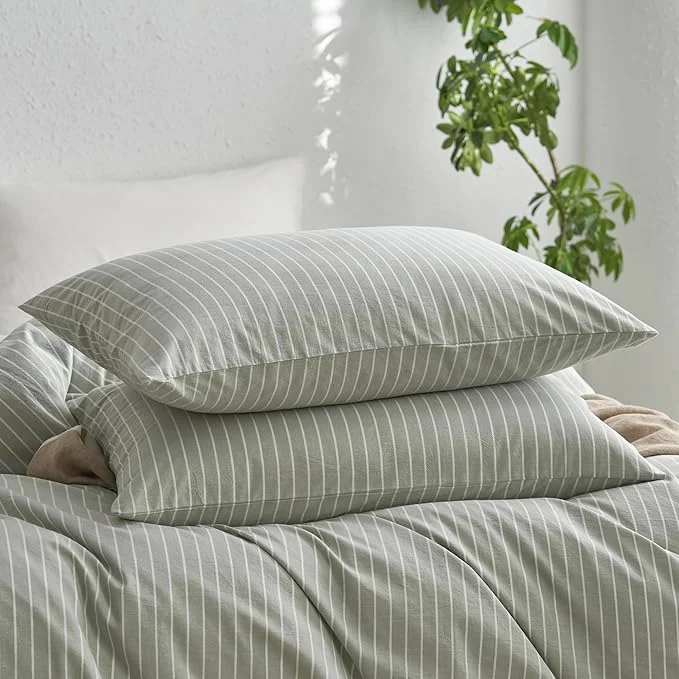 Long-Lasting MooMee Bedding Pillowcases Striped Pack of 2 Washed Cotton Linen Like Textured Breathable Durable Soft Comfy Sage Green White Wide Stripes King Detailed