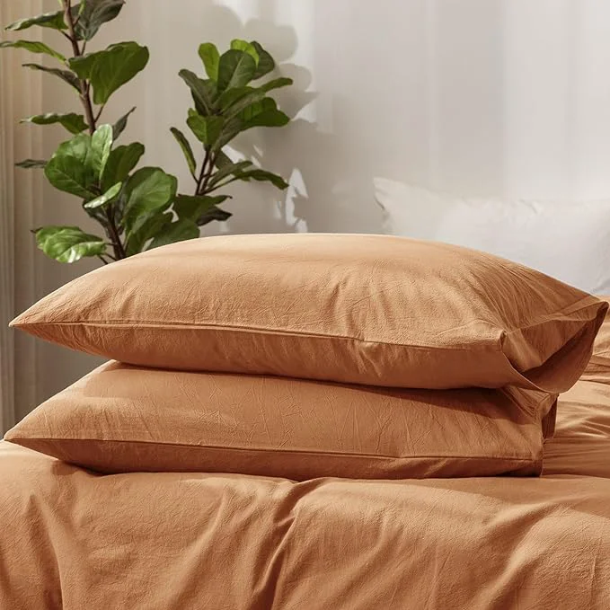 Detailed MooMee Bedding Pillowcases Pack of 2 Washed Cotton Linen Like Textured Breathable Durable Soft Comfy Solid Dark Orange Standard Carefully Designed