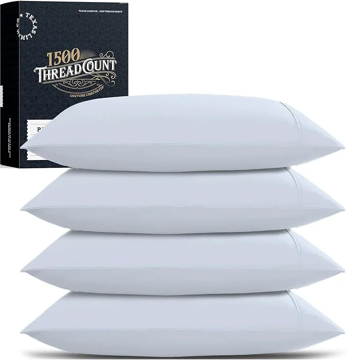 Innovative TEXAS LINEN CO. Egyptian Cotton Standard Queen Size Pillow Cases Set of 4 - Luxury 1500 Thread Count Cotton Pillowcases 2 Pair Light Blue Cooling amp Breathable Sateen Weave Pillow Covers Clean