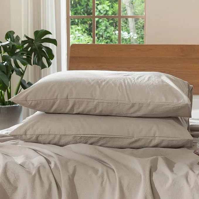Smooth MooMee Bedding Pillowcases Pack of 2 Washed Cotton Linen Like Textured Breathable Durable Soft Comfy Solid Light Tan Standard