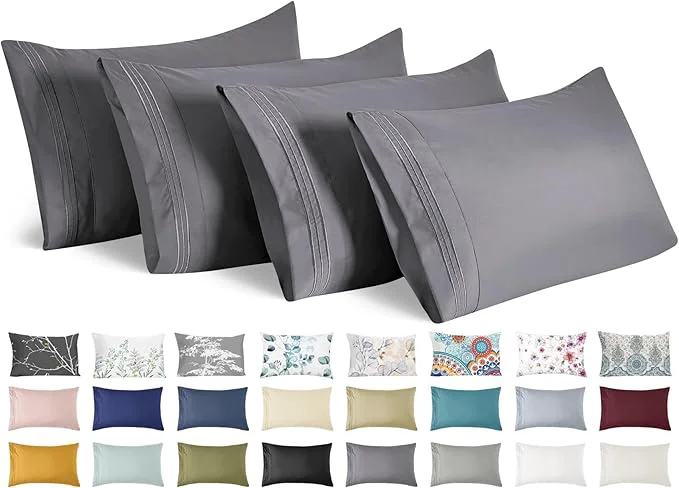 Natural YIYEA Pillow Cases Queen Size Set of 4 Ultra Soft 1800TC Hotel Quality Double Brushed Microfiber Embroidered Pillowcases Envelope Closure Fade Resistant 20 quot x30 quot Medium Grey Efficient