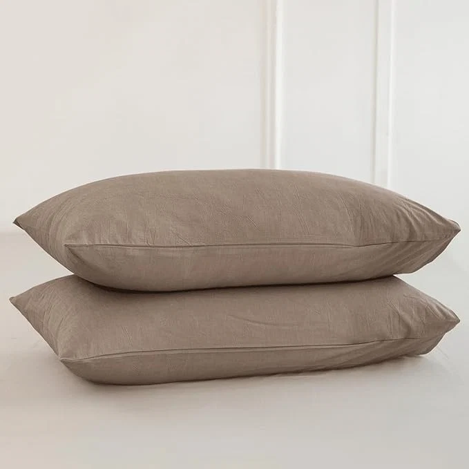 Original Design MooMee Bedding Pillowcases Pack of 2 Washed Cotton Linen Like Textured Breathable Durable Soft Comfy Solid Brown King Outstanding