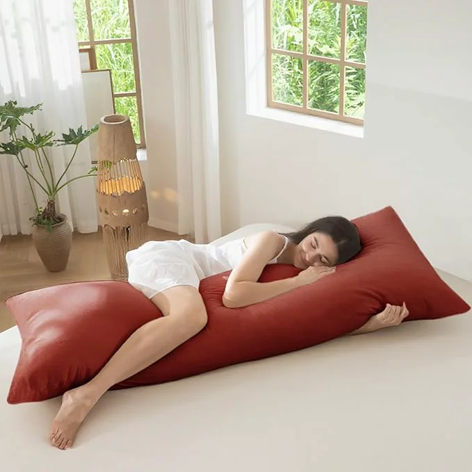 Genuine MooMee Body Pillow Cover Pillowcase with Zipper Washed Cotton Linen Like Textured Breathable Durable Soft Comfy Solid Fired Brick Red 21 x54 1PC Efficient