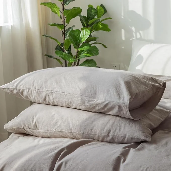 Elegant MooMee Bedding Pillowcases Pack of 2 Washed Cotton Linen Like Textured Breathable Durable Soft Comfy Heathered Brownish Grey Queen Smart