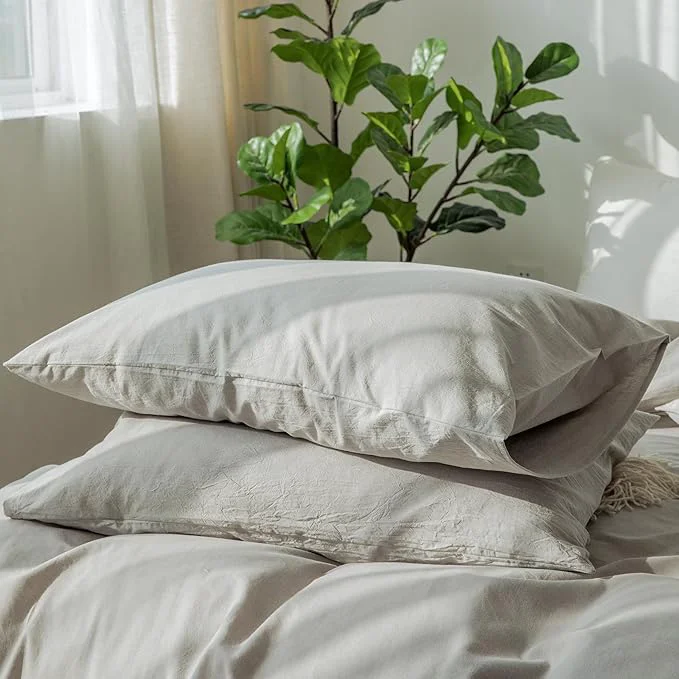 First-Class MooMee Bedding Pillowcases Pack of 2 Washed Cotton Linen Like Textured Breathable Durable Soft Comfy Pastel Grey Queen Superior