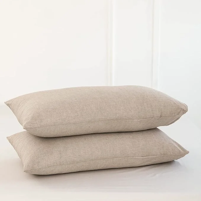 World-Class MooMee Bedding Pillowcases Pack of 2 Washed Cotton Linen Like Textured Breathable Durable Soft Comfy Heathered Taupe Queen Superior