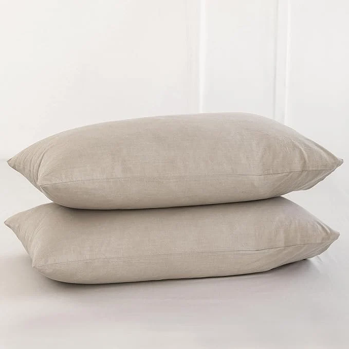 Official MooMee Bedding Pillowcases Pack of 2 Washed Cotton Linen Like Textured Breathable Durable Soft Comfy Heathered Tannish Linen Grey Queen