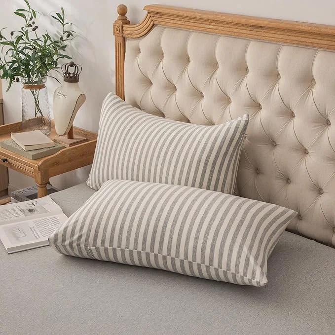 Relaxed PURE ERA Jersey Knit Pillowcases T-Shirt Cotton Super Soft Comfy Breathable Set of 2 Standard 20 quot x 26 quot Grey amp White Stripe Powerful