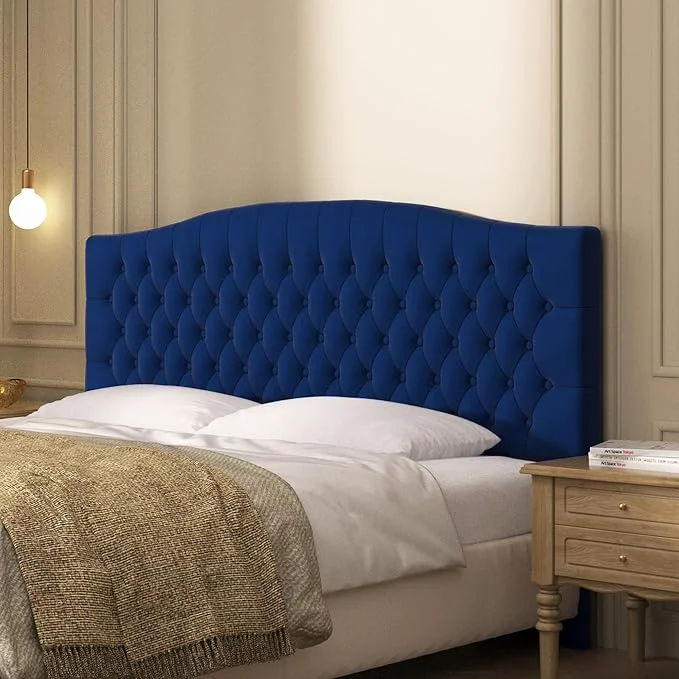 Refined Furpopup Velvet Upholstered Headboard King Cal King Size Latest Model Wall Mount Bed Frame Mount Featuring High-Density Sponge Padding Luxury Texture Easy Assembly Comfort and Style-Navy Blue Lightweight