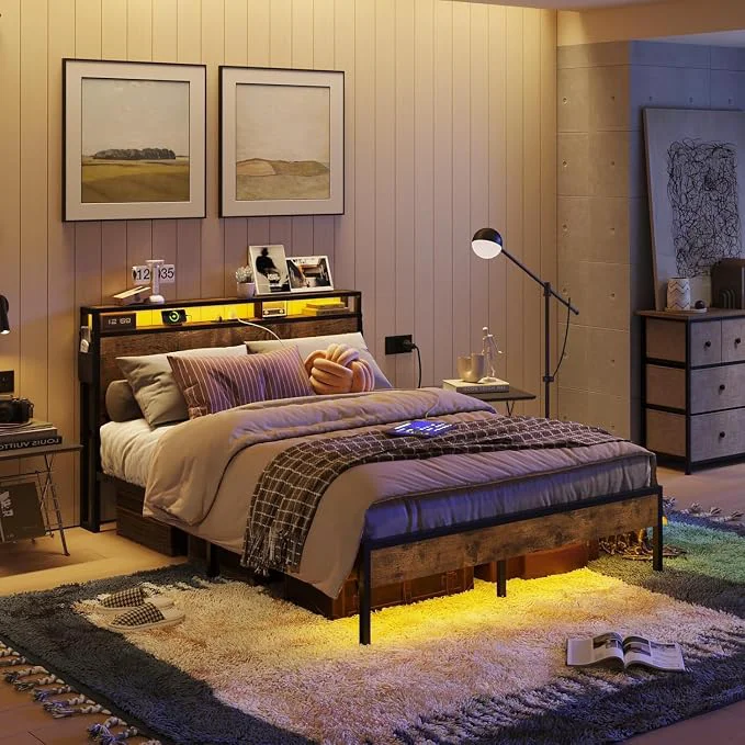 Professional ier Queen Size Bed Frame with Headboard Dual LED Platform Bed Frame with Charging Station Non-Slip Metal Bed Frame Noise- Easy Assembly Dependable