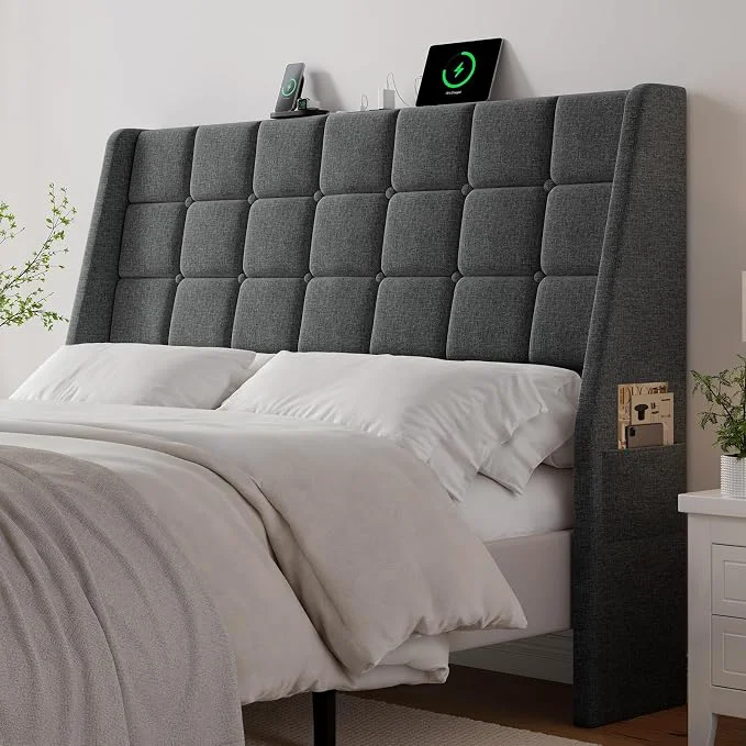 Healthy Ergonomic Upholstered Headboard Queen Size w Charging Station Linen Wingback Headboards w Storage Pocket Queen Headboard Only Bed Frame Adapters Sturdy Stable Solid Wood Bed Head Board Dark Grey Advanced