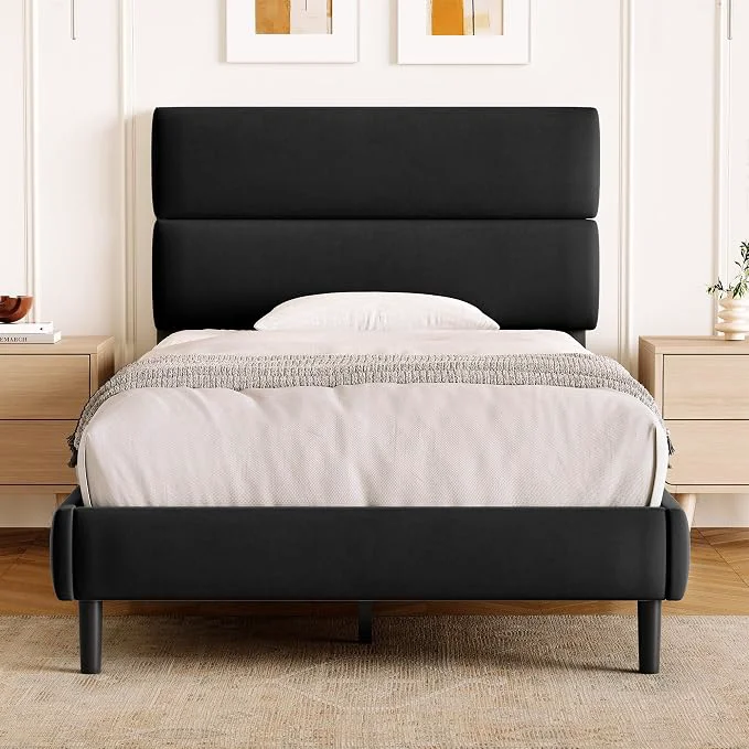 Smooth GRUSIGN Twin Size Platform Bed Frame with Velvet Headboard Adjustable Height Wooden Slats Support Upholstered Mattress Foundation Fits Mattress or Mattress with Box Spring Easy Assembly Black Minimalist