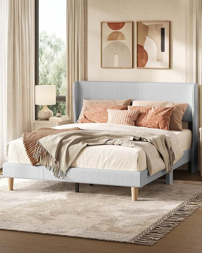 Durable ier Queen Bed Frame with Wingback Headboard Upholstered Light Grey No Squeaks Easy Assembly Wingback Headboard Vertical Channel Corduroy Upholstered Wooden Slats Support No Box Spring Needed Premium