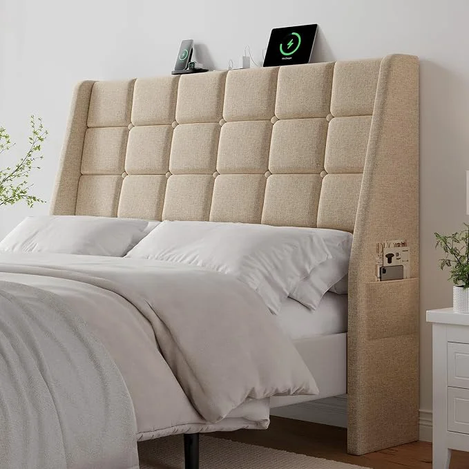 Excellent Ergonomic Upholstered Full Size Headboard w Charging Station Linen Wingback Headboards w Storage Pocket Full Headboard Only Bed Frame Adapters Sturdy Solid Wood Bed Head Board Beige Flexible