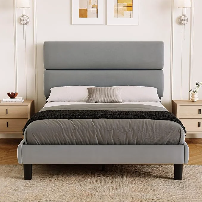 Elegant GRUSIGN Full Size Platform Bed Frame with Velvet Headboard Adjustable Height Wooden Slats Support Upholstered Mattress Foundation Fits Mattress or Mattress with Box Spring Easy Assembly Grey Soft