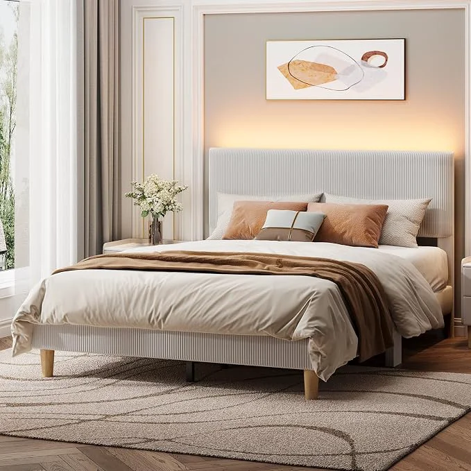 Versatile ier Queen Bed Frame with Headboard LED Lighting Upholstered Light Grey LED Lighting Headboard Easy Assembly No Squeaks Vertical Channel Corduroy Upholstered Wood Slats Support No Box Spring Needed Recyclable