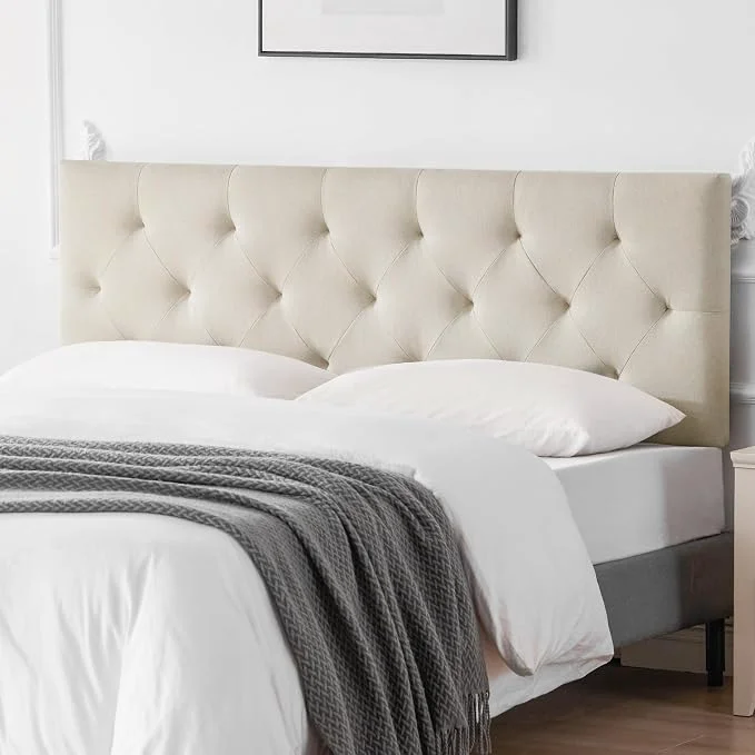 Stylish Linen Fabric Upholstered Headboard Queen Size Modern Diamond Tufting Solid Wood Queen Headboard Only Adjustable Height from 37 to 51 Head Board Bed Frame or Wall Mount Headboards Beige Clean