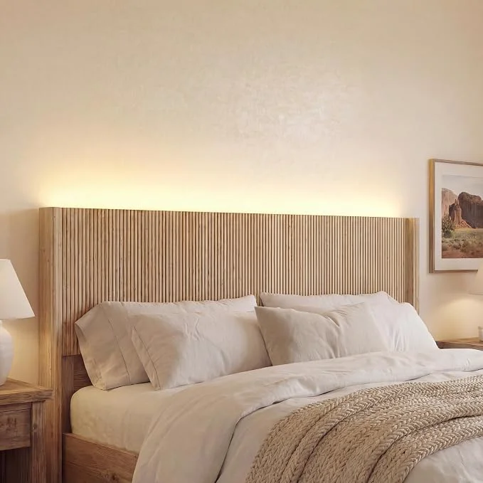 Quality Queen Size Headboard Only Modern Fluted Wall-Mounted Head Board with Lighting Boho Wood Bed headboard Stylish Bedroom Decor Natural Eco-Friendly