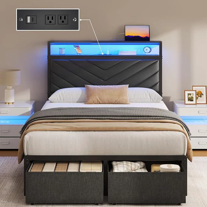Contemporary Fluest Twin Bed Frame with Storage Drawers Upholstered Headboard with Charging Station LED Lights Fabric Drawers with Wheels Under Bed Storage No Box Spring Needed Easy Assembly Black Trendy