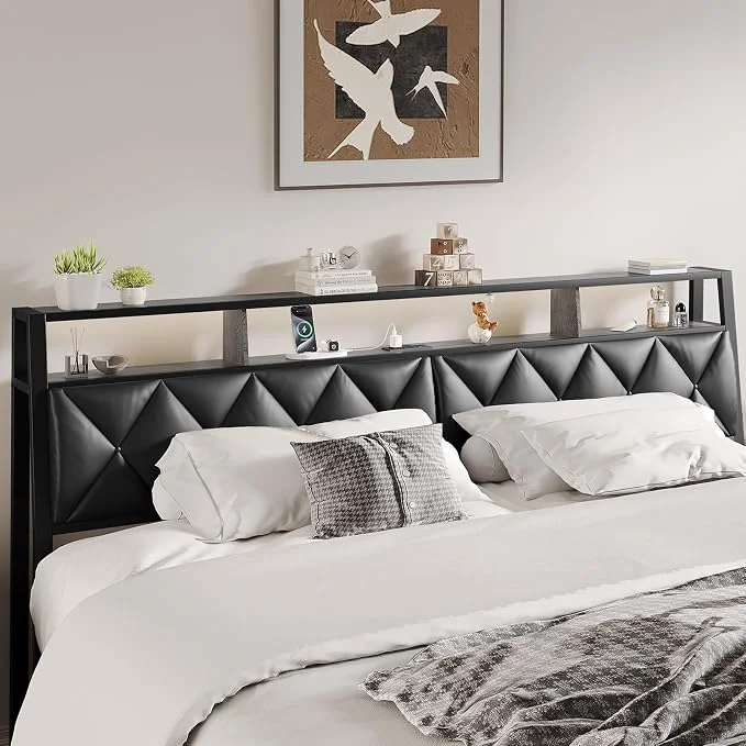 Elegant Queen Headboard Only Headboard for Queen Size Bed with Storage Upholstered Headboards with LED Lights amp Charging Station Attach Frame I for Bedroom Dorm Guest Room Black Faux Leather Effective