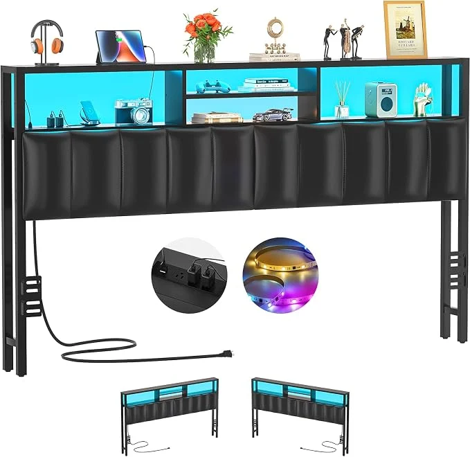 Excellent Aheaplus Headboard for King Size Bed with Storage Upholstered Headboards with Outlets USB Ports and LED Light Reversible King Size Head Board Height Adjustable Comfortable Headboard Black Flexible