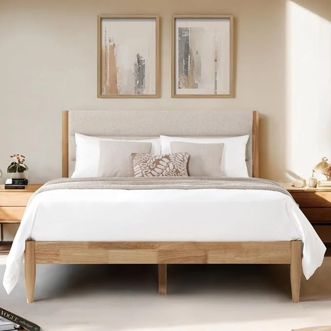 Verified KISLOT Wood Bed Frame with Upholstered Headboard Oat Full Wooden Platform Silent Slat Support Mattress Foundation No Box Spring Needed Easy Assembly Quality