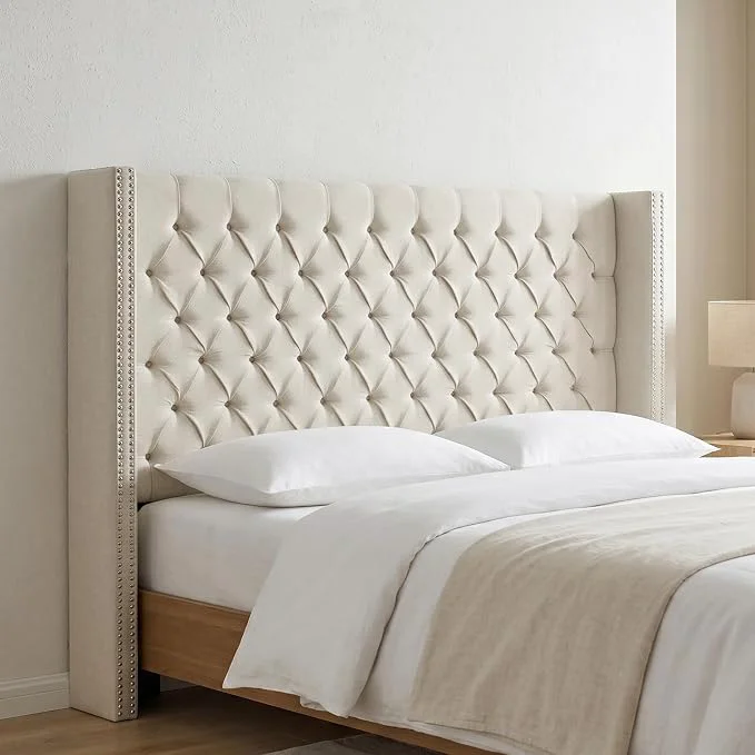 Smart Madison Park Amelia Upholstered Headboard Nail Head Trim Wingback Button Tufted Queen Cream Specialty