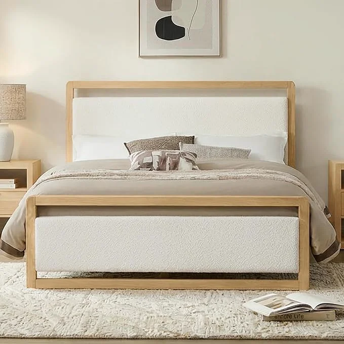 Dependable KISLOT Wood Bed Frame with USB Headboard amp Footboard Cream Queen Mattress Foundation Strong Wooden Slat Support Noise- No Box Spring Needed Easy Assembly Long-Lasting