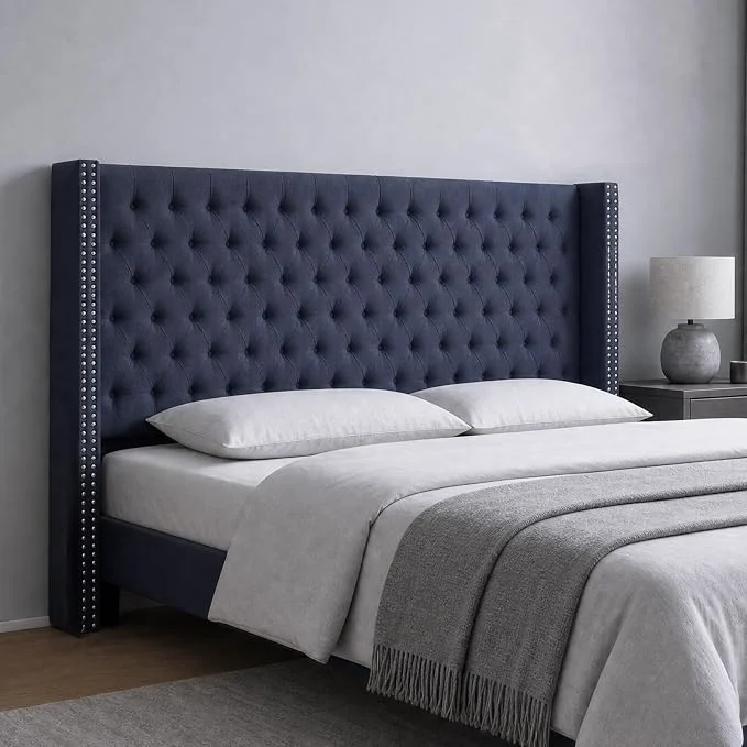 Quality Madison Park Queen Wingback Upholstered Tufted Headboard Featuring High-Density Sponge Padding Adjustable Height Headboard Easy Assembly Navy Practical