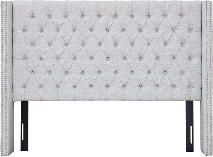 Fine Madison Park Queen Wingback Upholstered Tufted Headboard Featuring High-Density Sponge Padding Adjustable Height Headboard Easy Assembly Gray Premium