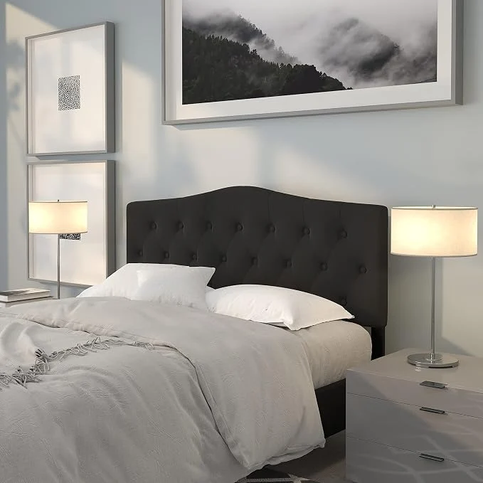 Safe EMMA OLIVER Tufted Upholstered Queen Size Headboard in Black Fabric Casual