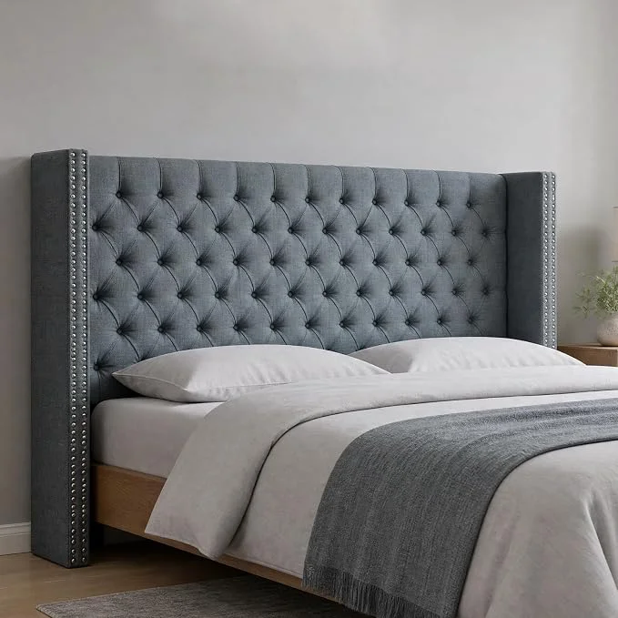 Comfortable Madison Park King Wingback Upholstered Tufted Headboard Featuring High-Density Sponge Padding Adjustable Height Headboard Easy Assembly Dark Grey Woven Superior