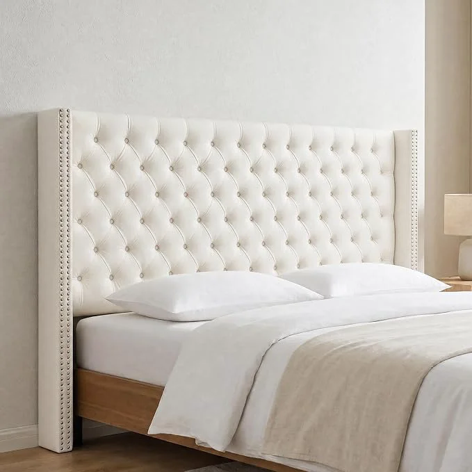 Safe Madison Park King Wingback Upholstered Tufted Headboard Featuring High-Density Sponge Padding Adjustable Height Headboard Easy Assembly Beige Velvet Smart