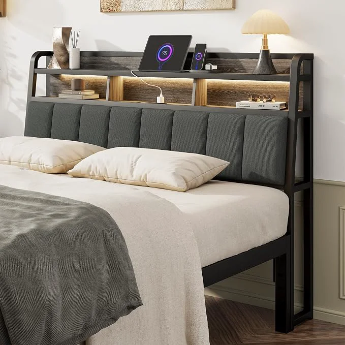 Clean Queen Headboard Only with Storage Upholstered Headboards for Queen Size Bed with LED Light Charging Station Height Adjustable Sturdy and Stable Headboard Black amp Grey High-Grade