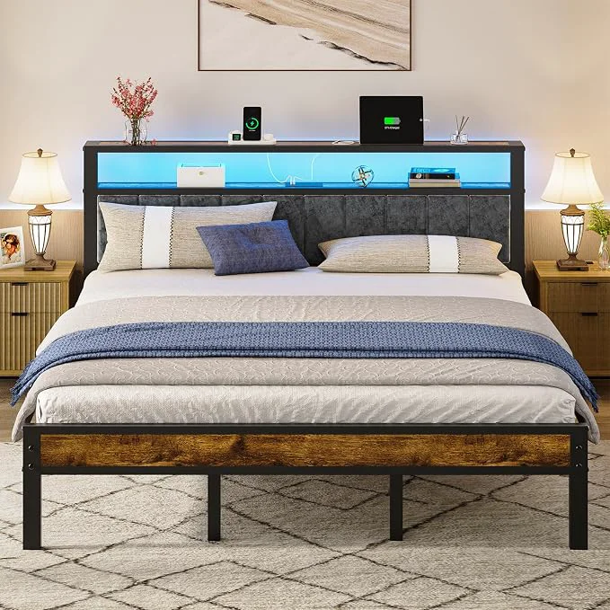 Efficient Liians King Size Bed Frame with LED Lights Upholstered Headboard Platform Bed with 2-Tier Storage Shelves Charging Station Noise No Box Spring Needed Easy Assemably High-Quality