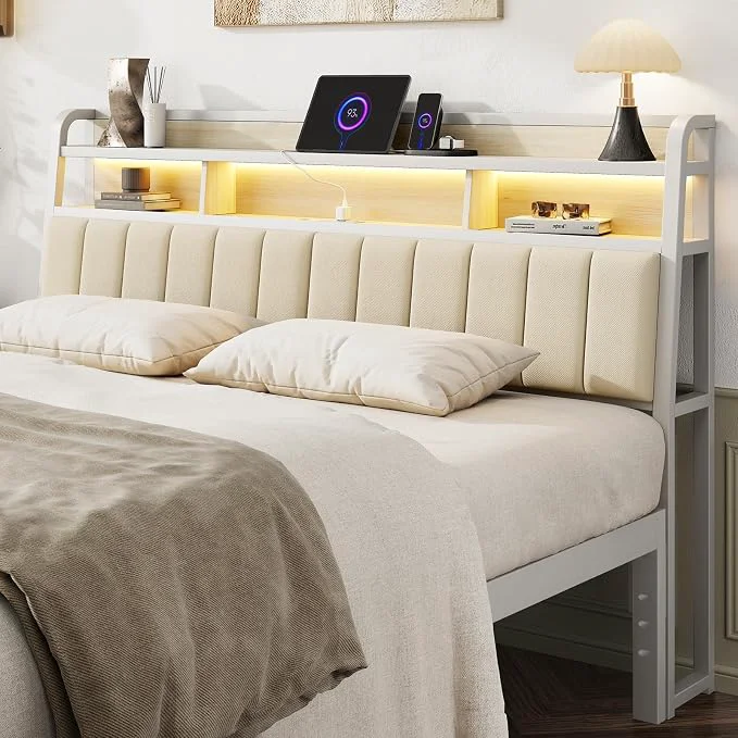 High-Performance King Headboard Only with Storage Upholstered Headboards for King Size Bed with LED Light Charging Station Height Adjustable Sturdy and Stable Headboard Off White Fashionable