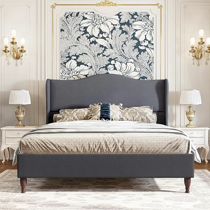 Fine koorlian King Size Upholstered Bed Frame with 51 39 39 Tall Headboard Grey Reinforced Platform Bed Easy Assembly Soft Fabric Sleigh Wingback Solid Wood Retro Legs Noise- Classic amp Simple High-Performance