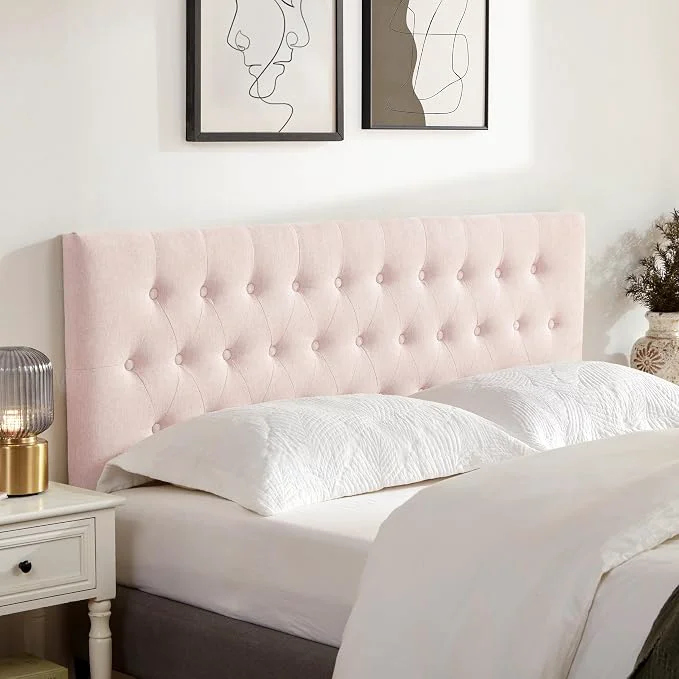 Classic Tufted Upholstered Headboard Queen Size Adjustable Height 37- 51 in Pink Sturdy and Durable Solid Wood Bed Headboard Fabric Queen Headboard Only Modern Button Diamond Design Head Board Practical