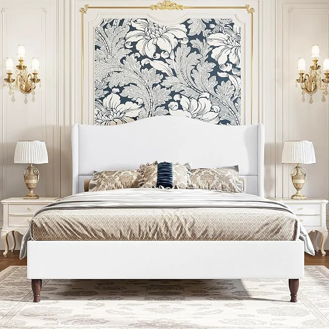 Exceptional koorlian Queen Size Upholstered Bed Frame with 51 39 39 Tall Headboard White Reinforced Platform Bed Easy Assembly Soft Fabric Sleigh Wingback Solid Wood Retro Legs Noise- Classic amp Simple Artisan