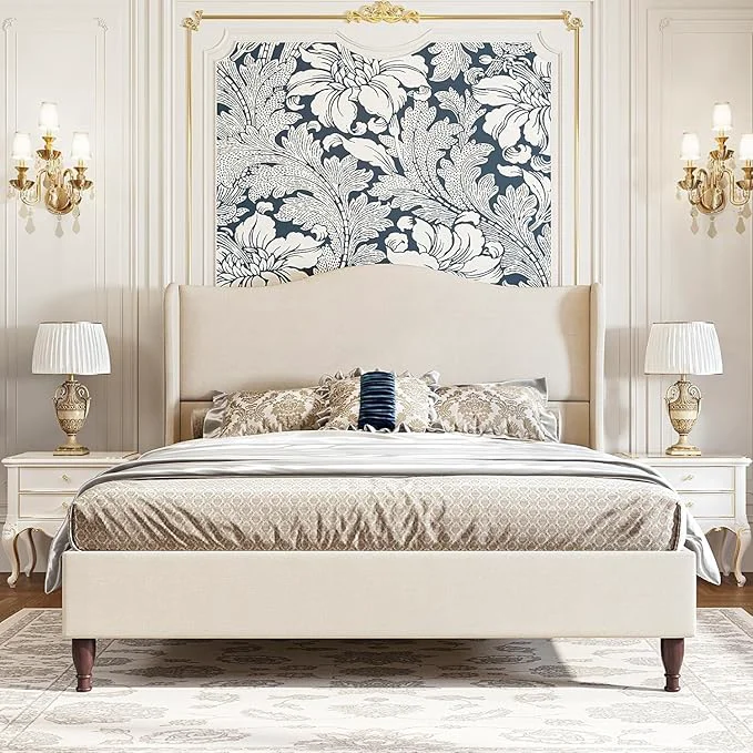 Versatile koorlian King Size Bed Frame Upholstered Platform Bed with 51 quot Tall Headboard Wingback Soft Fabric Retro Simple Style Platform Bed No Box Spring Needed Easy Assembly Beige Genuine